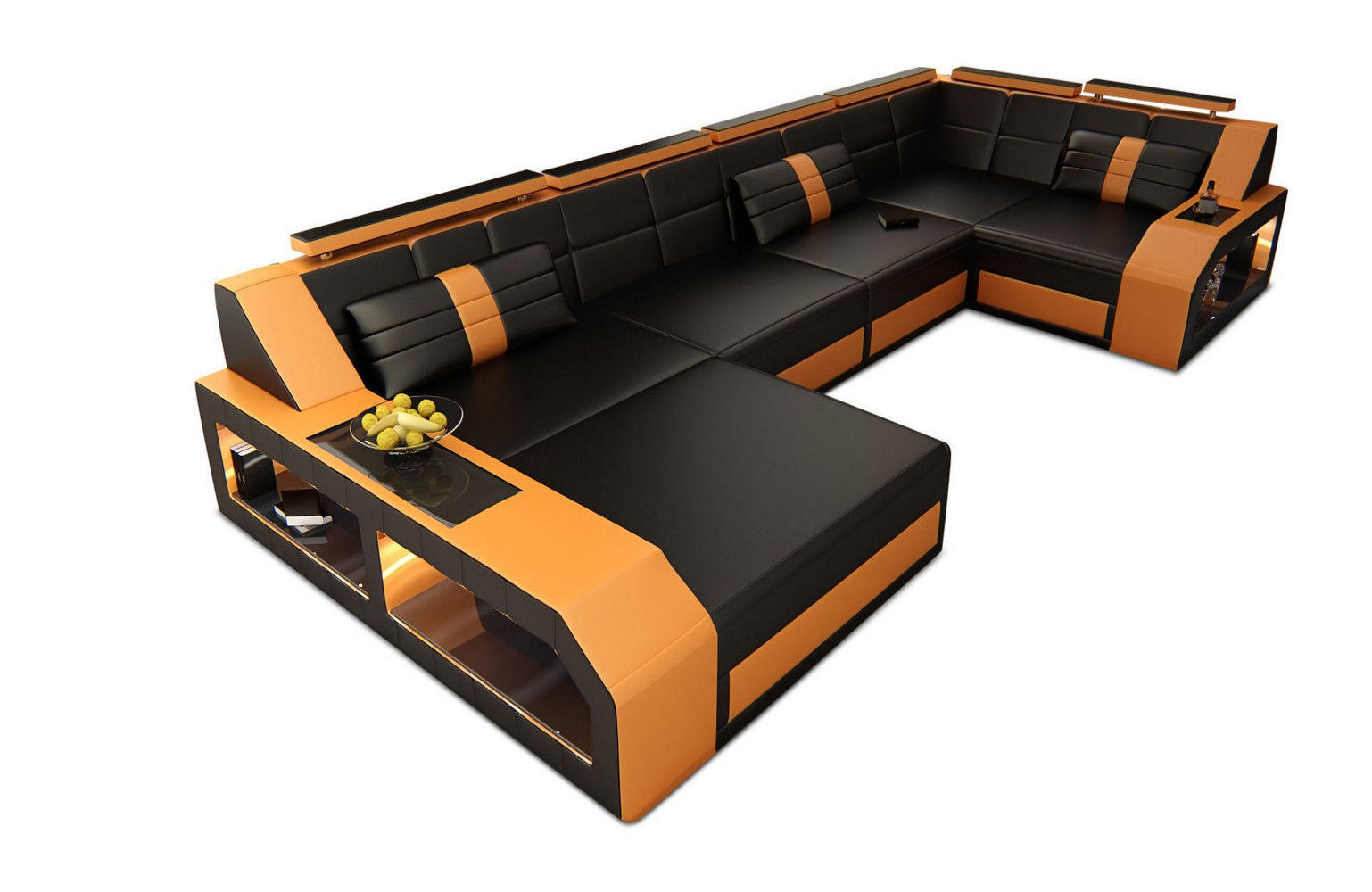WOHNLANDSCHAFT Arezzo U - Schwarz/Orange, Leder (380/86/197cm) - Sofa Dreams