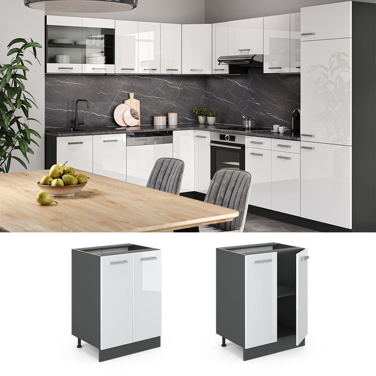 KÜCHENUNTERSCHRANK R-Line Weiß Hochglanz 60 cm ohne AP - Weiß Hochglanz/Anthrazit, Holzwerkstoff (60/81.6/46cm) - Vicco