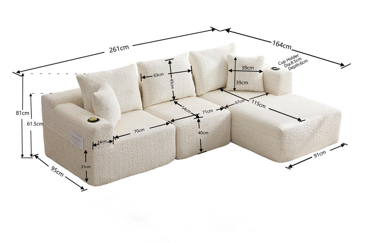 ECKSOFA Chenille Beige mit Seitentaschen - Beige, Textil (261/164cm) - WISHDOR