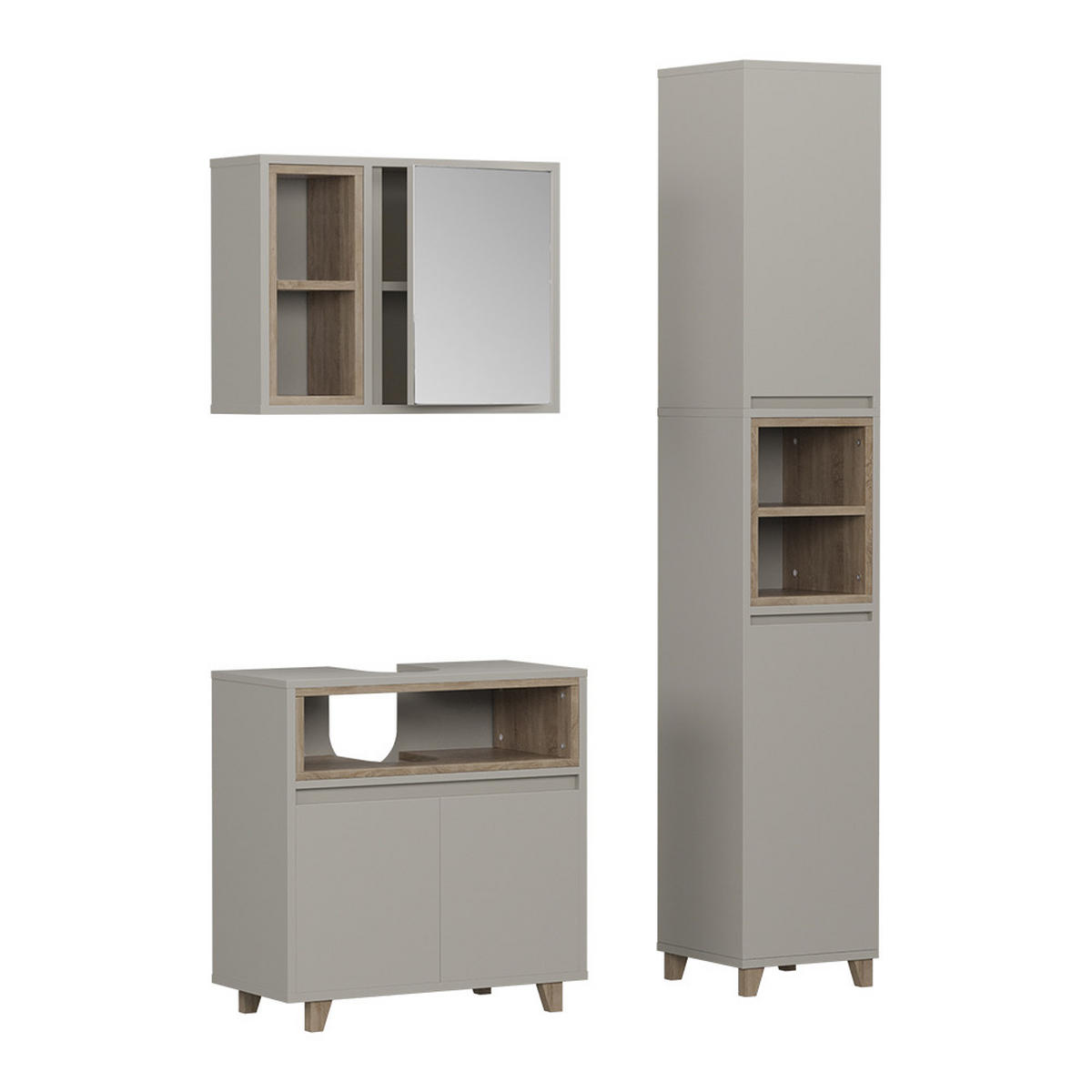 BADMÖBEL-SET Elnor Greige 3 Teile mit Hochschrank - Greige, Holzwerkstoff (60/61/30cm) - Vicco