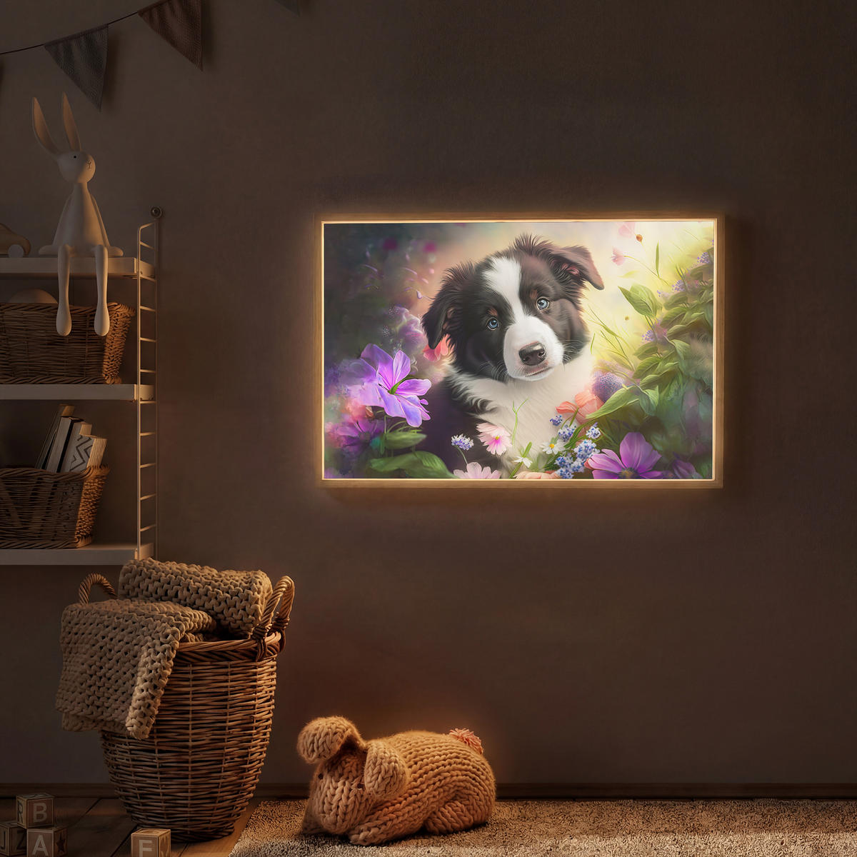 NÁSTĚNNÁ LAMPA S AKUMULÁTOREM Štěně - Slunce - Květiny - Příroda - Border kolie - Pes 90x60 cm - fialová, kompozitní dřevo (90/60/8cm) - OnlyWow