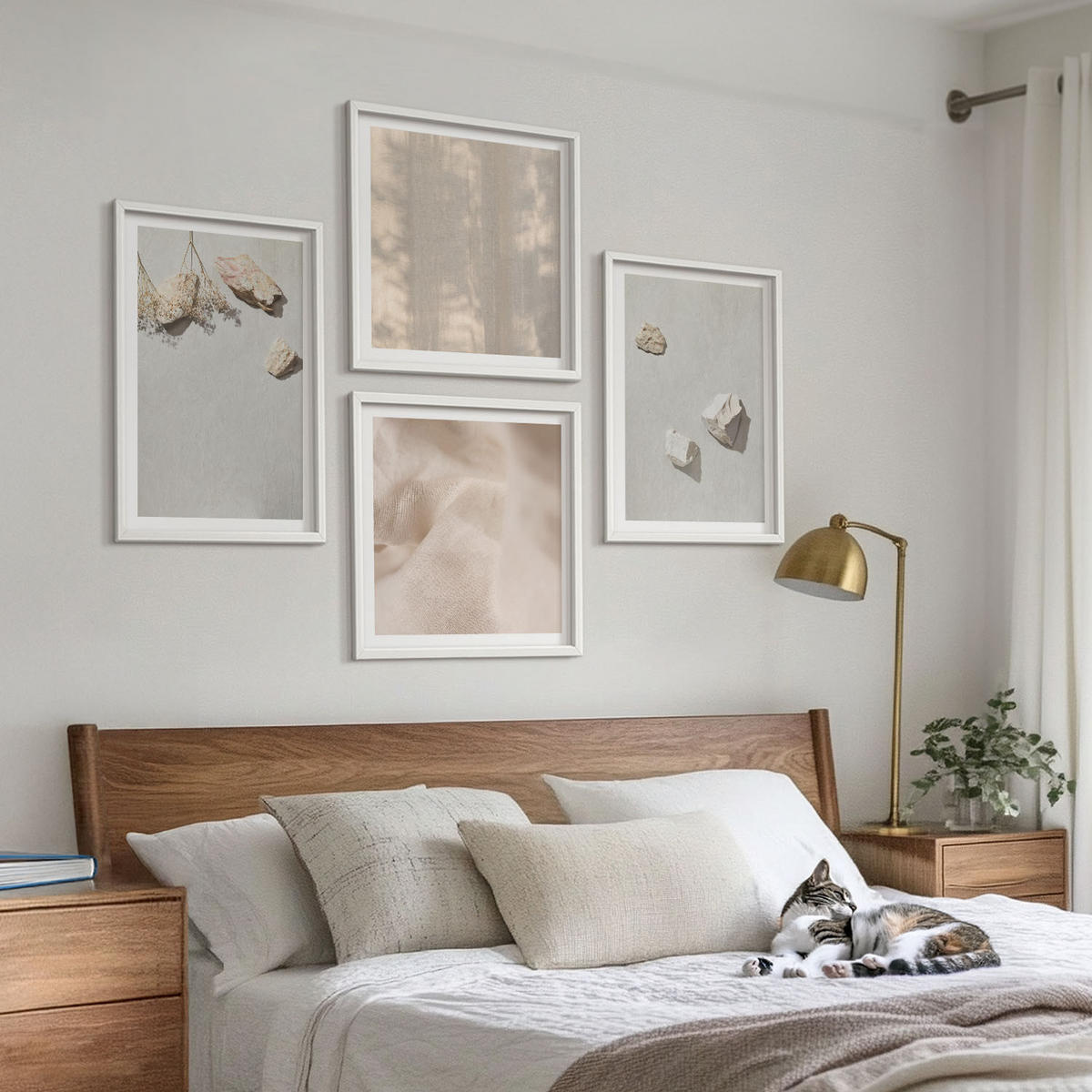 WANDBILDER 4er-Set - 50x50 cm & 40x60 cm Weißer Rahmen - Boho-Stranddekorationen aus Steinen - Weiß, Kunststoff (50/50cm) - ArtPrintCave