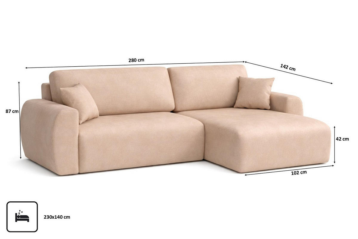 ECKSOFA Mit Schlaffunktion, Ariel XL, Velours, Stoff Salvador, Beige, Rechts - Beige, Holz (280/142cm) - Kaiser Möbel