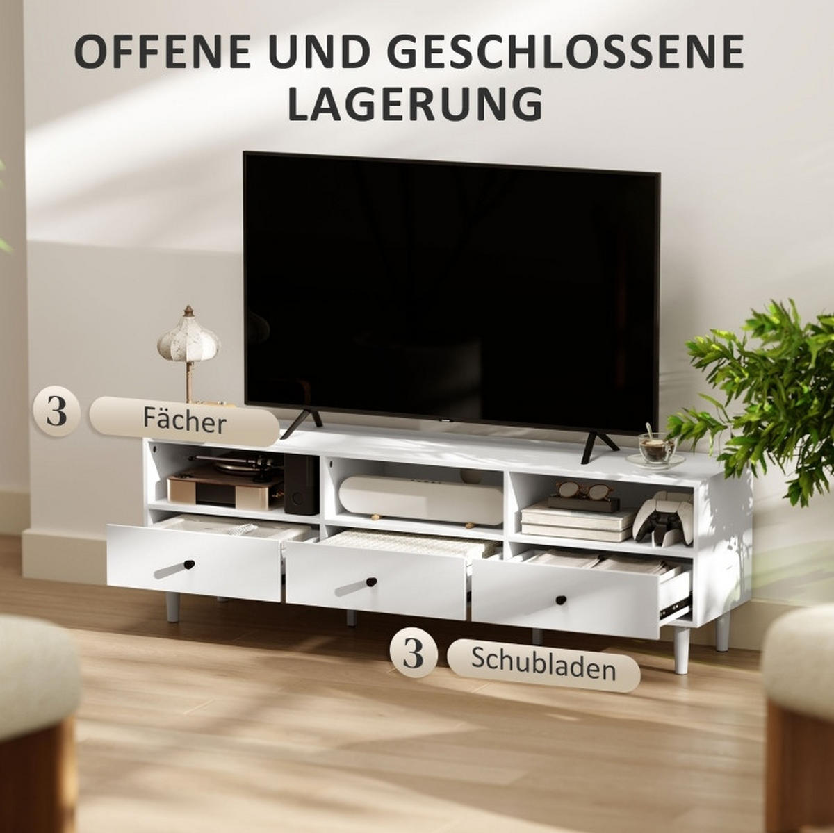LOWBOARD 140/34/45 cm aus Spanplatte mit Kabeldurchführung Weiß - Weiß, Holzwerkstoff (140/45/34cm) - Modenvie
