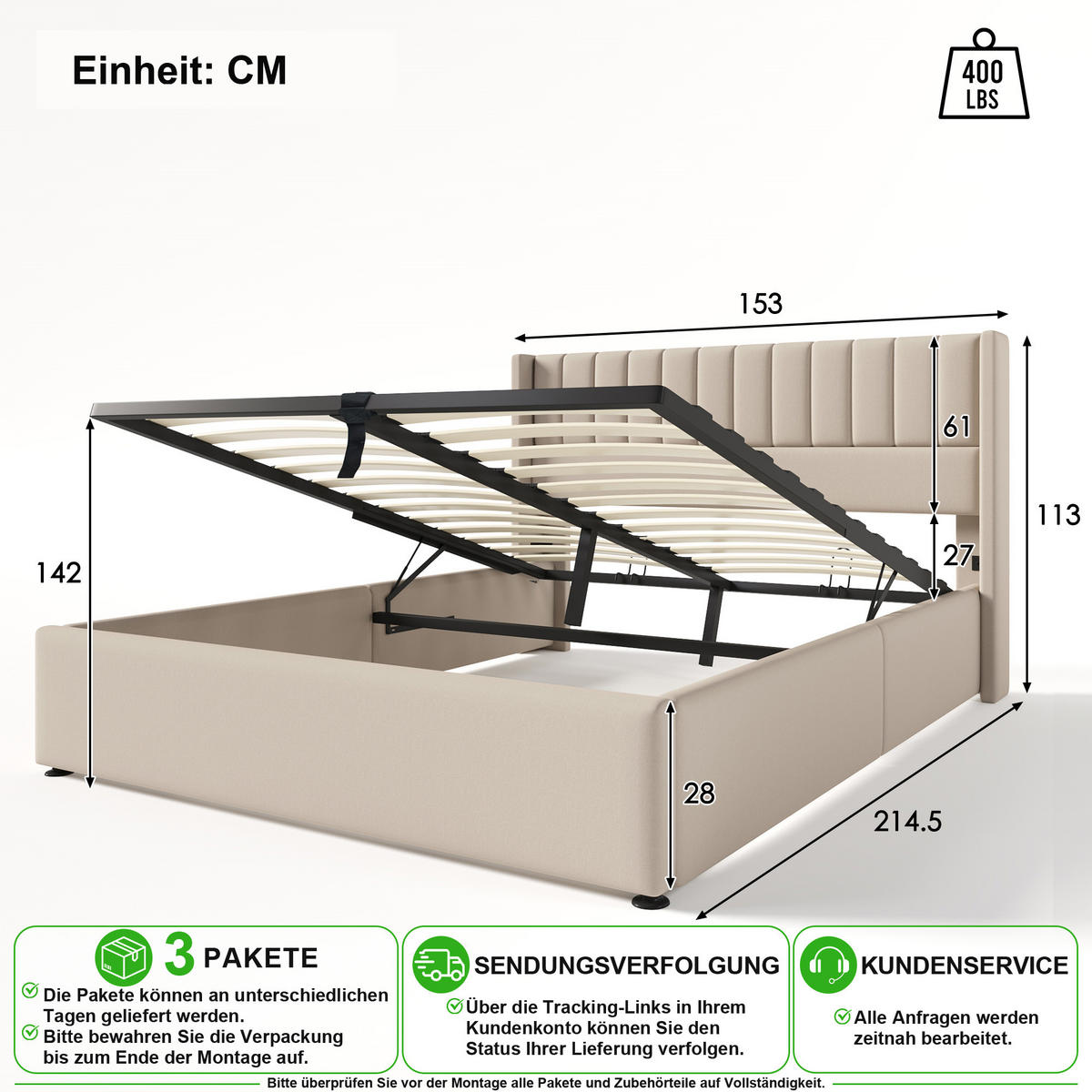 POLSTERBETT 140/200 cm in Beige Leinen mit Bettkasten, Lattenrost und Matratze - Beige, Holzwerkstoff/Textil (140/200cm) - CHICFURN