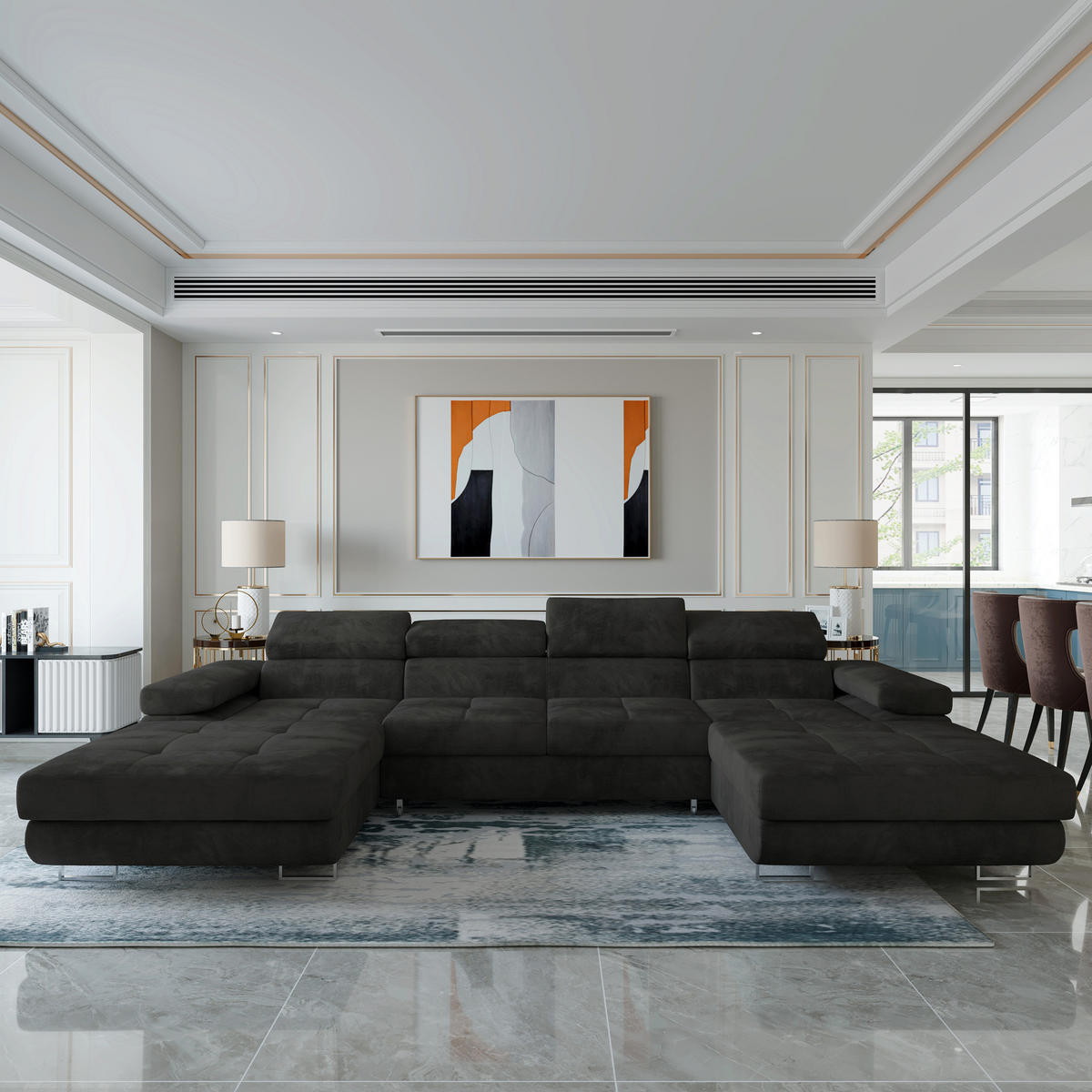 ROHOVÁ SEDAČKA LYKKE černá - stříbrná/černá, kov/dřevo (353/202cm) - MASSENO