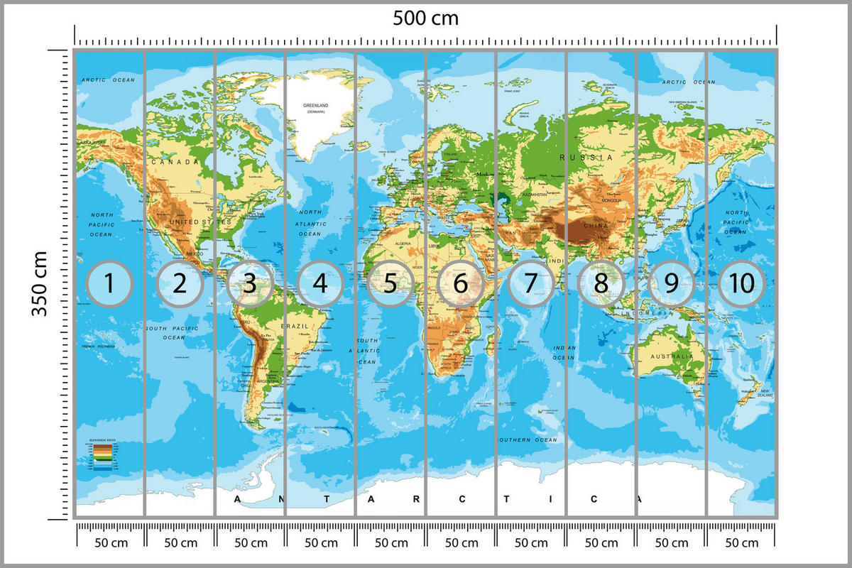 FOTOTAPETE für Wohnzimmer Physische Weltkarte Schriften 500x350 - Blau/Gelb, Papier (500/350cm) - Muralo