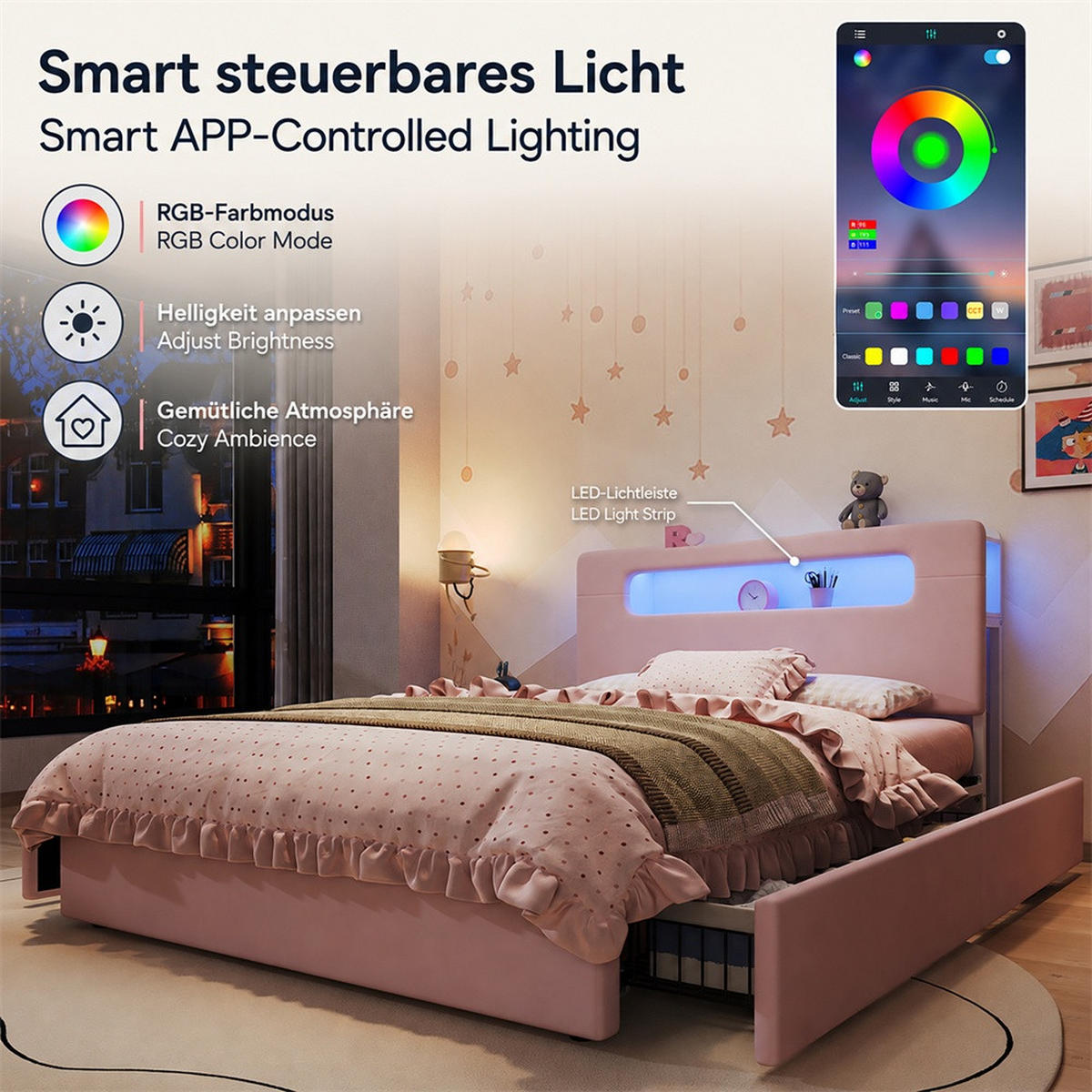 POLSTERBETT 140x200 cm mit 4 seitlichen Schubladen - Kopfteil mit offenem Stauraum & LED-Beleuchtung - Rosa - Pink, Textil (140/200cm) - DELFA