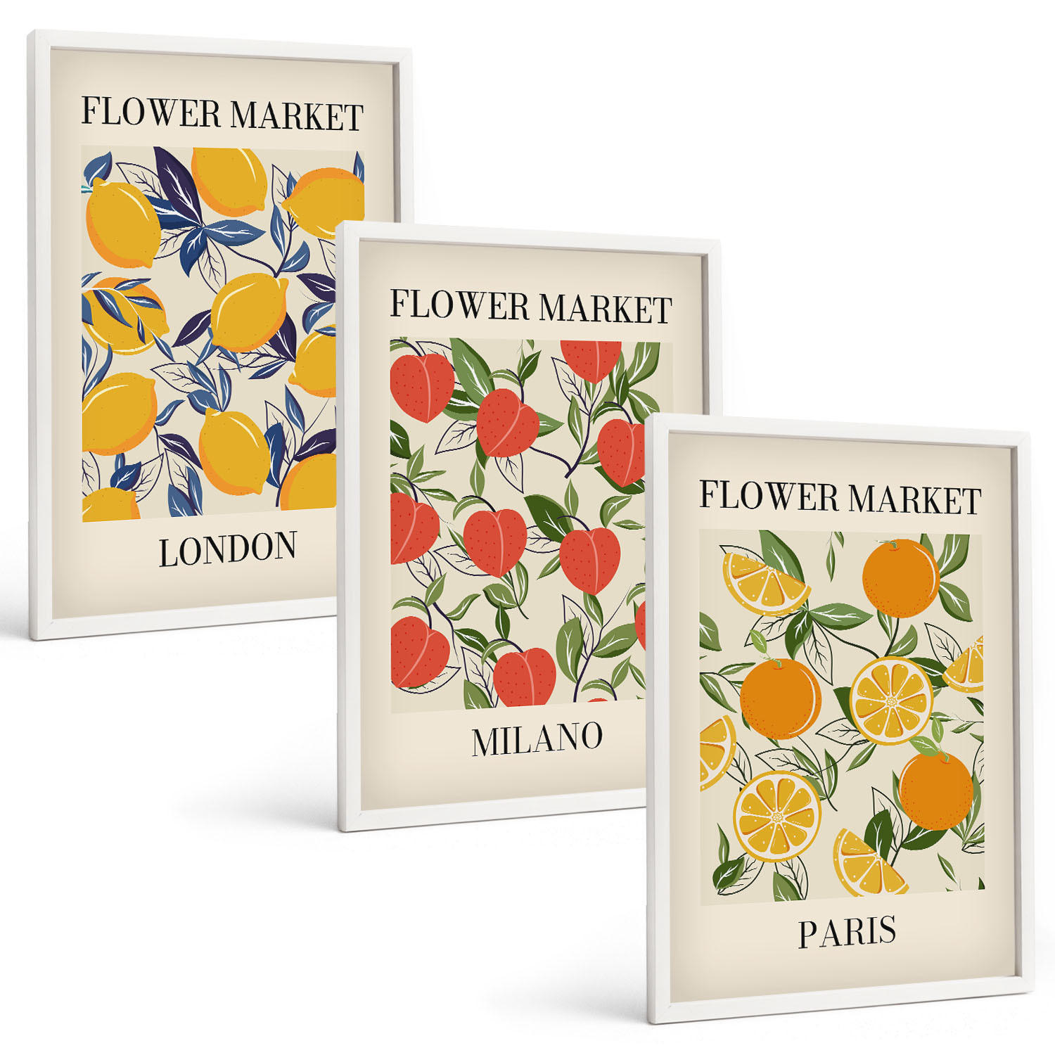 BILDER SET 3er Set - 40x60 cm Weißer Rahmen - Blumenplakate in Städten - Weiß, Kunststoff (40/60cm) - TULUP