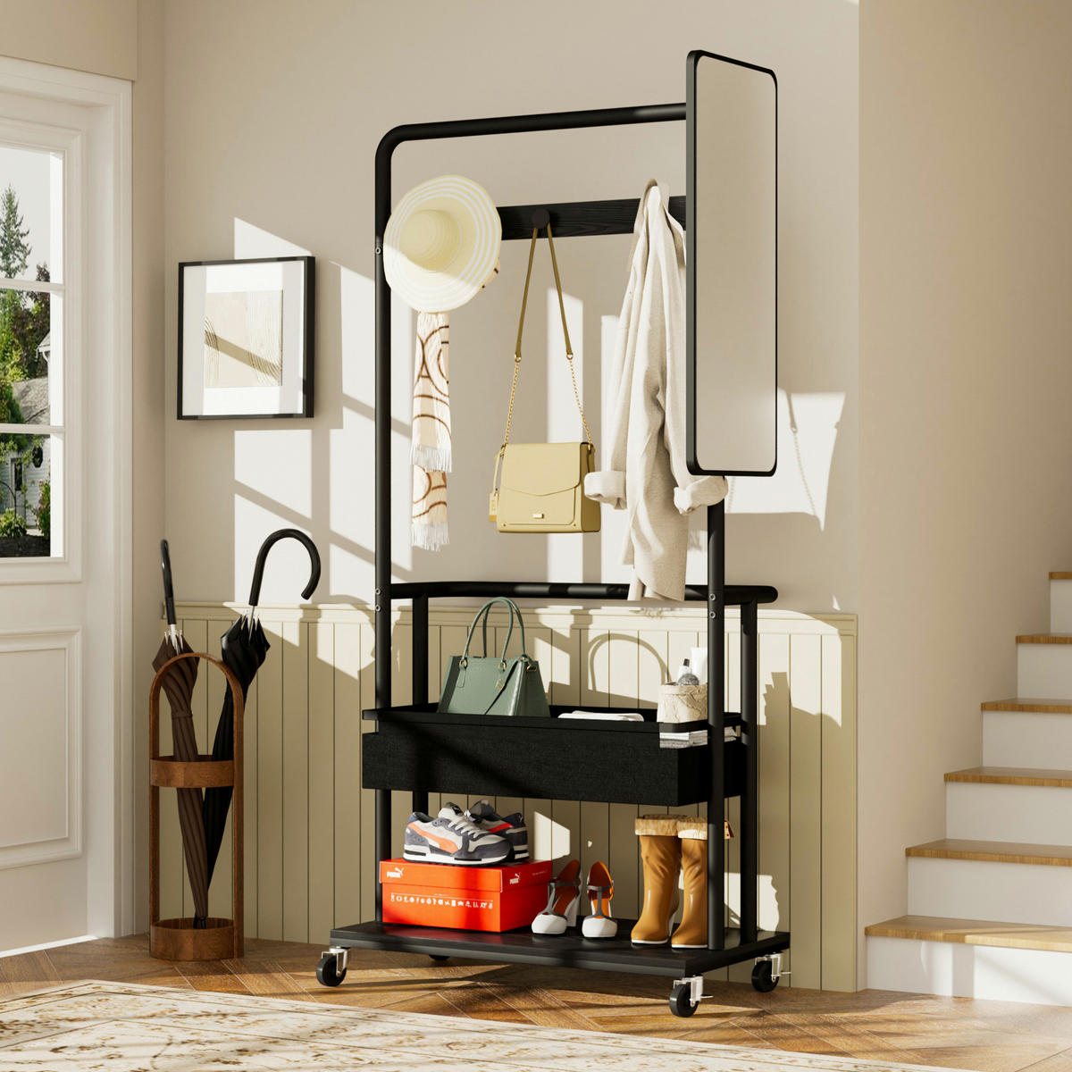 GARDEROBE Schwarz aus Stahl und Holzwerkstoff mit Rollen - Schwarz, Holzwerkstoff (40/170/70cm) - OKMYHOME