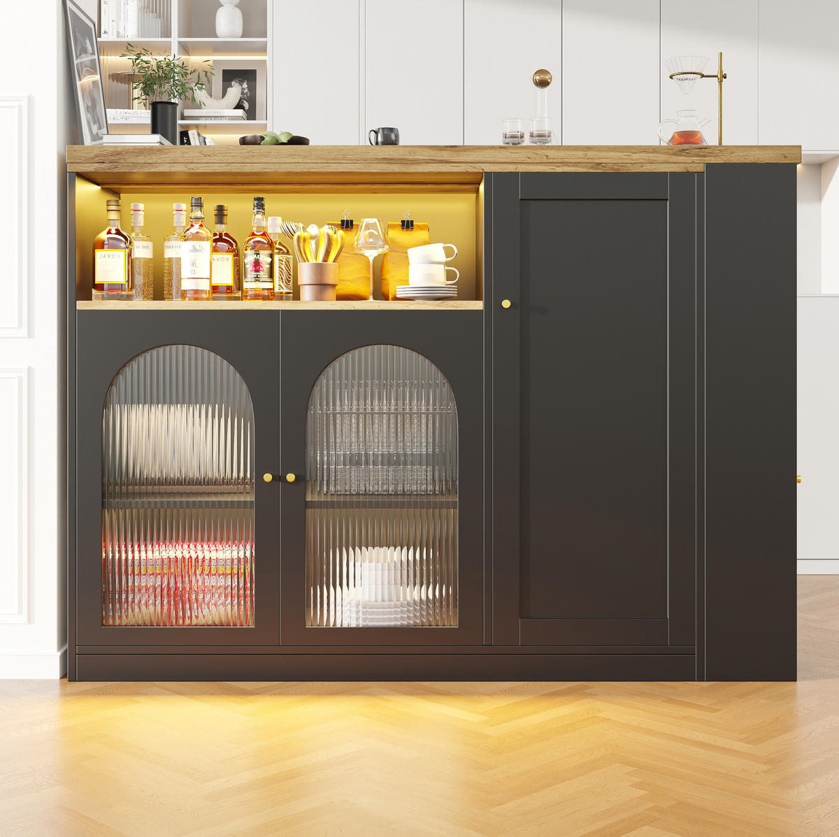 BAROVÝ stůl z MDF 197/39,6/100 cm s otočnou deskou 360°, LED osvětlením a skleněnými dvířky, Černá - černá, kompozitní dřevo (39.6/97/108cm) - Redom