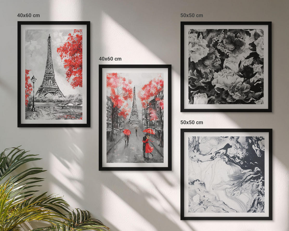 BILDER SET 4er Set - 50x50 cm & 40x60 cm Schwarzer Rahmen - graue Gemälde des Eiffelturms - Schwarz, Kunststoff (50/50cm) - TULUP