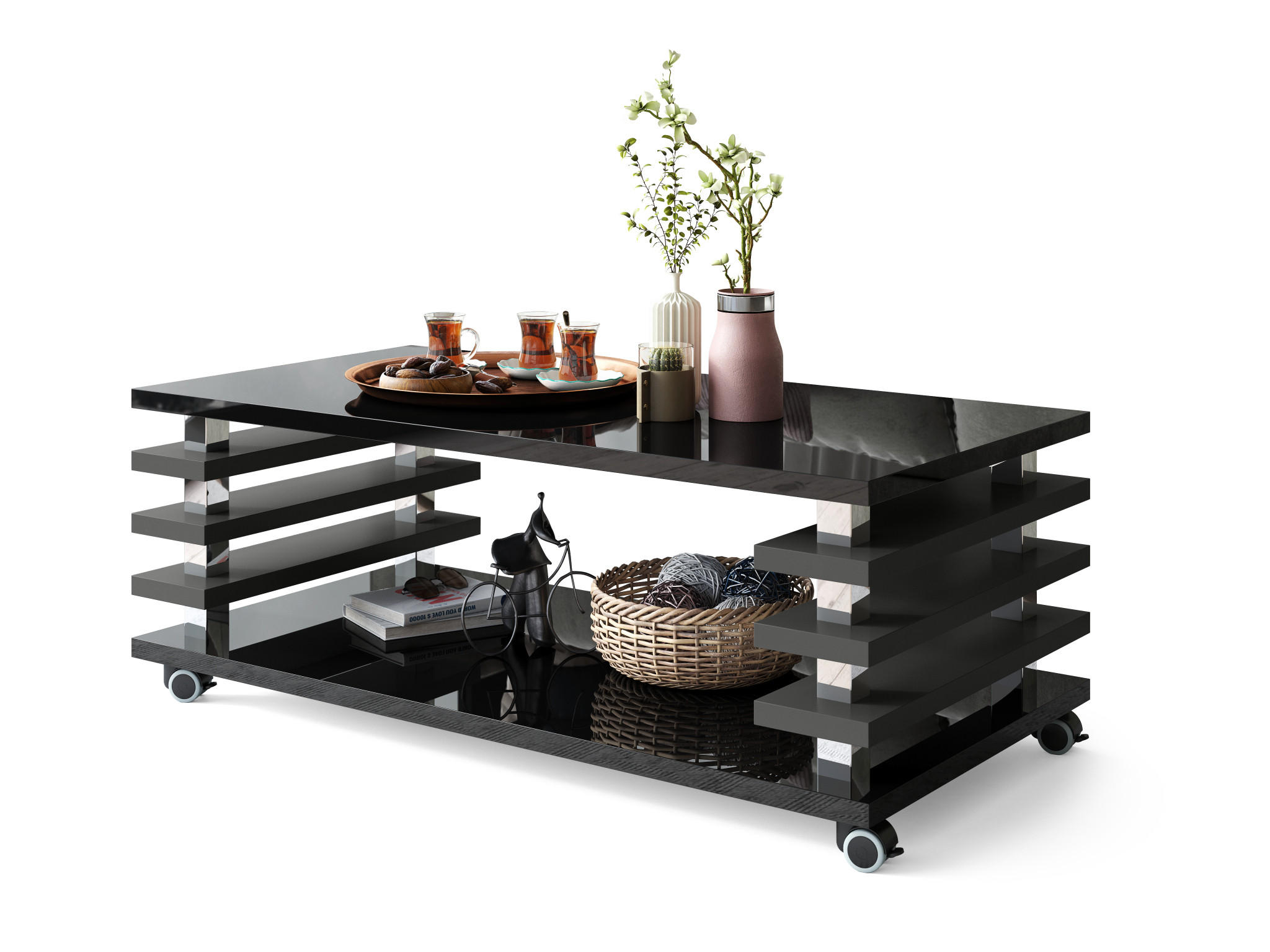 COUCHTISCH rechteckig Schwarz Hochglanz - Anthrazit matt Ablage Rollen - Schwarz Hochglanz/Anthrazit, Holzwerkstoff (60/120/45cm) - designimpex