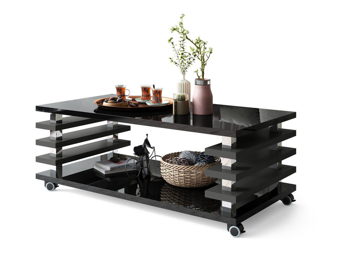 COUCHTISCH rechteckig Schwarz Hochglanz - Anthrazit matt Ablage Rollen - Schwarz Hochglanz/Anthrazit, Holzwerkstoff (60/120/45cm) - designimpex
