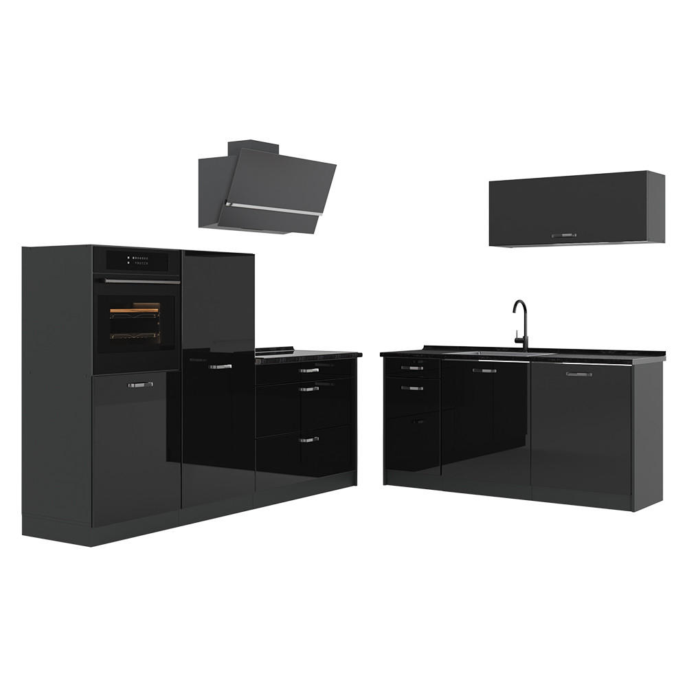 KÜCHENZEILE R-Line, Schwarz Hochglanz/Anthrazit, 220 cm ohne Arbeitsplatte - Schwarz Hochglanz/Anthrazit, Holzwerkstoff (220/143/46cm) - Vicco