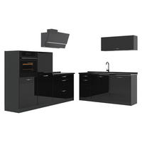 KÜCHENZEILE R-Line, Schwarz Hochglanz/Anthrazit, 220 cm ohne Arbeitsplatte - Schwarz Hochglanz/Anthrazit, Holzwerkstoff (220/143/46cm) - Vicco