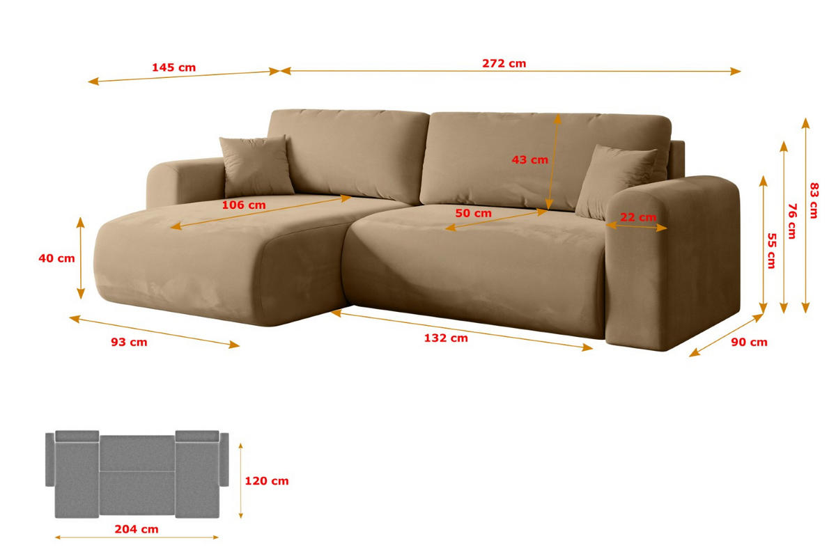 ECKSOFA mit Schlaffunktion und Bettkasten ORRO-L - 272x145x83 cm Beige Velours - Beige/Schwarz, Holzwerkstoff/Kunststoff (272/145cm) - ALTDECOR