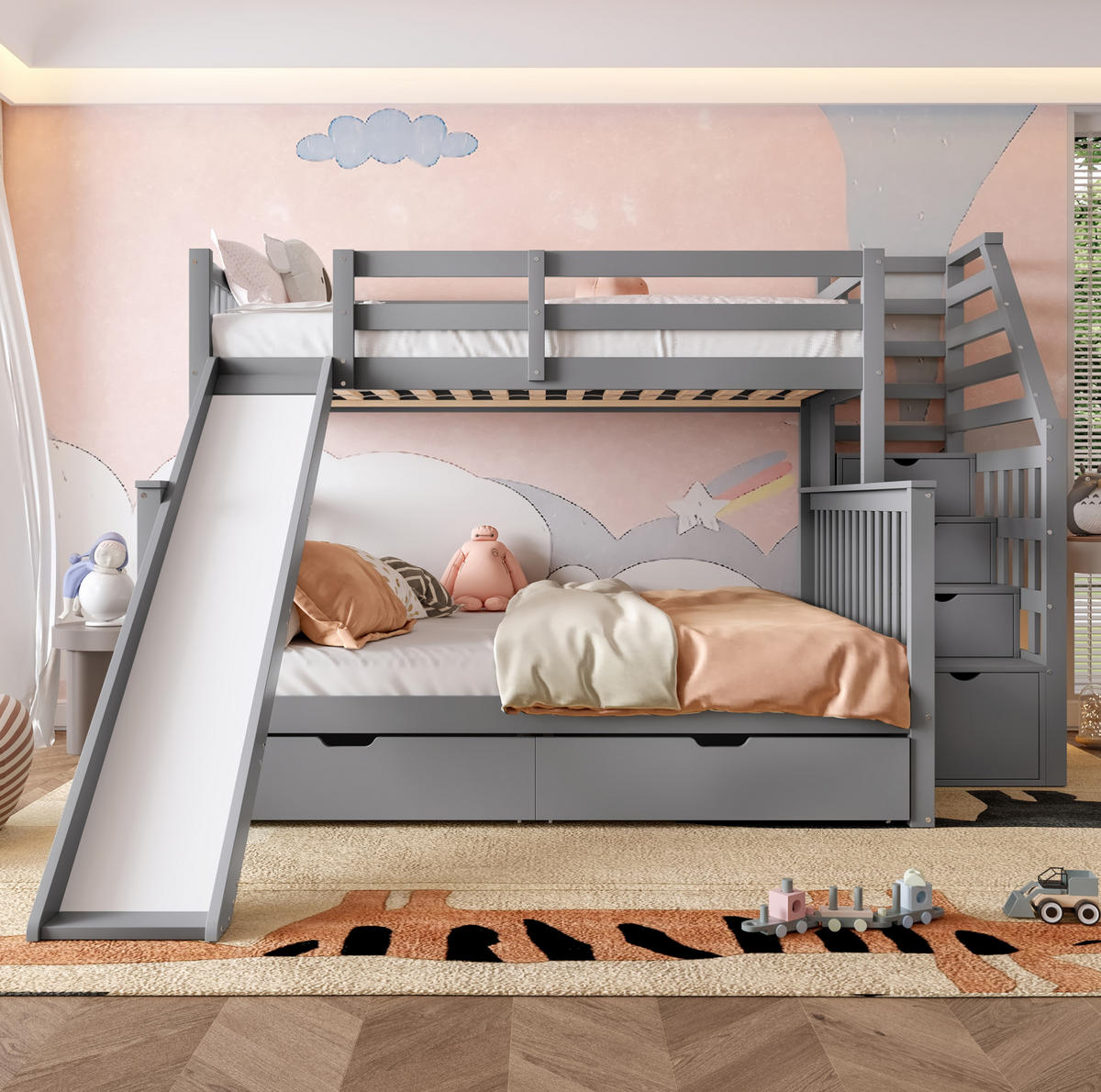ETAGENBETT aus Kiefer 90x200/140x200 cm Grau mit Rutsche, Treppe und Schubladen - Grau, Holz (90/200cm) - Modfu