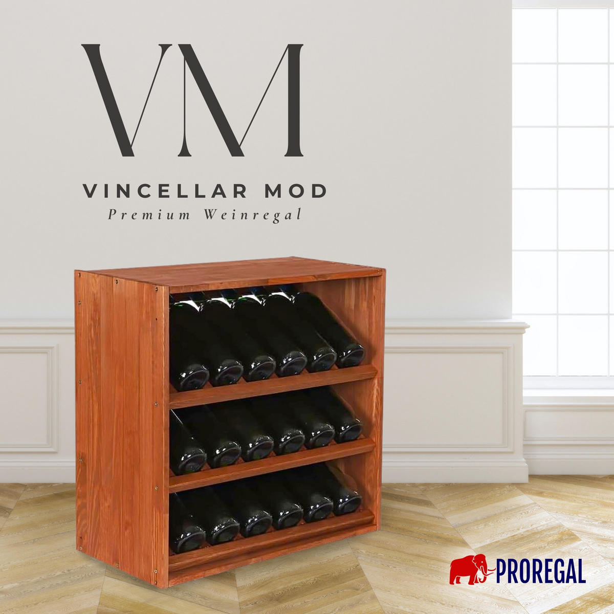 WEINREGAL Vincellar Mod 60x60x30 cm Schräg Modul Für 18 Flaschen Massives Kiefernholz Braun Geölt - Braun, Holz (60/60/30cm) - PROREGAL