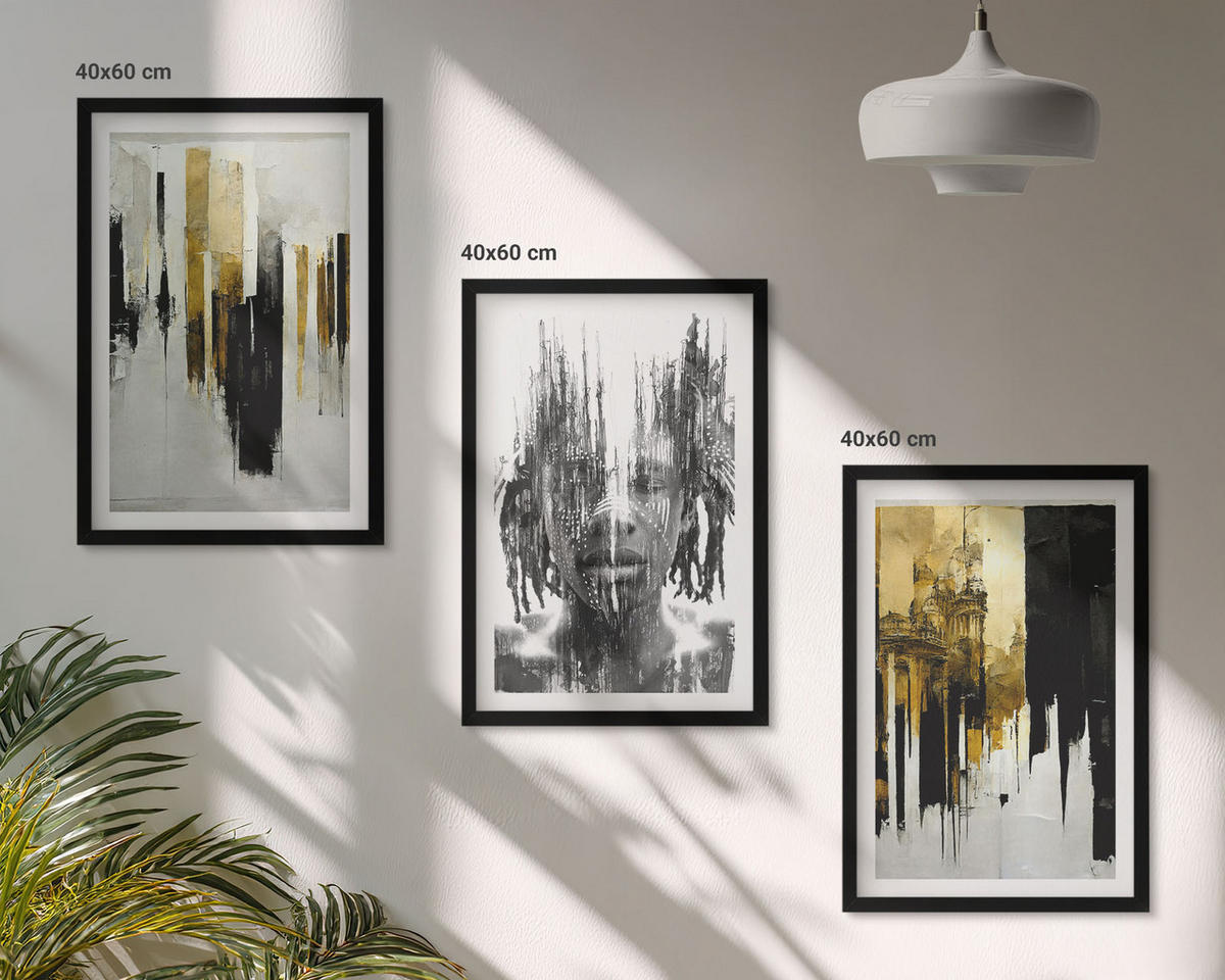 WANDBILDER 3er-Set - 40x60 cm Schwarzer Rahmen - Kontrastierende abstrakte Porträts - Schwarz, Kunststoff (40/60cm) - ArtPrintCave