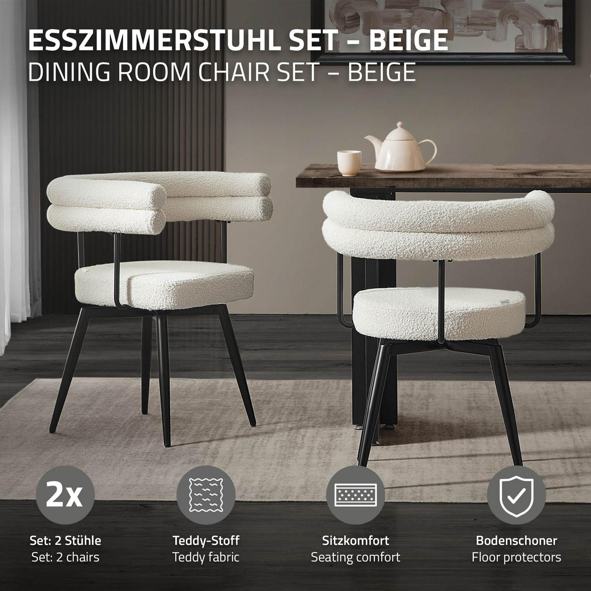 JÍDELNÍ ŽIDLE otočné, sada 2 ks, béžová plyšová látka - černá/béžová, kov/textil (63/75/55cm) - ML-DESIGN