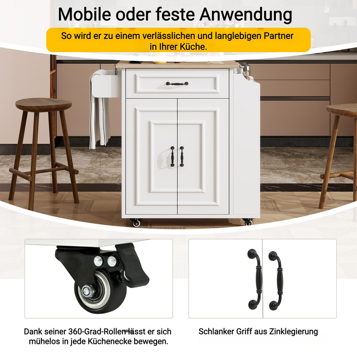 KÜCHENROLLWAGEN 66x40x90cm MDF mit Klappplatte, Schublade, Schrank & 4 Rollen - Weiß, Holzwerkstoff (66/90/38cm) - Modfu