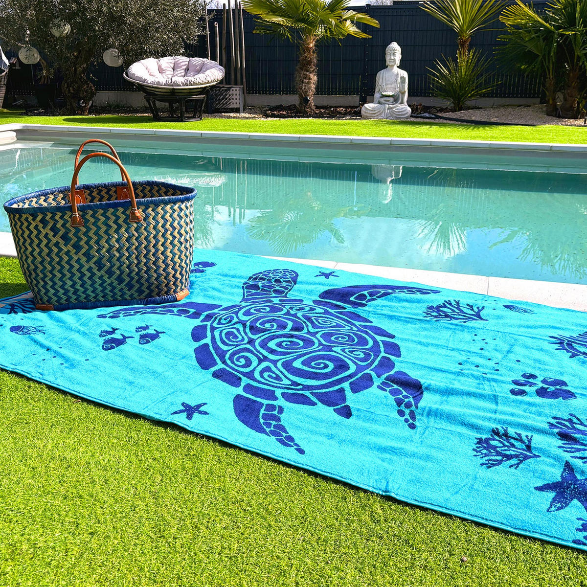 STRANDTUCH Frottee Samt Jacquard Blau 100x175 470g/m² - Bellia - Blau, Textil (100/175cm) - LE COMPTOIR DE LA PLAGE