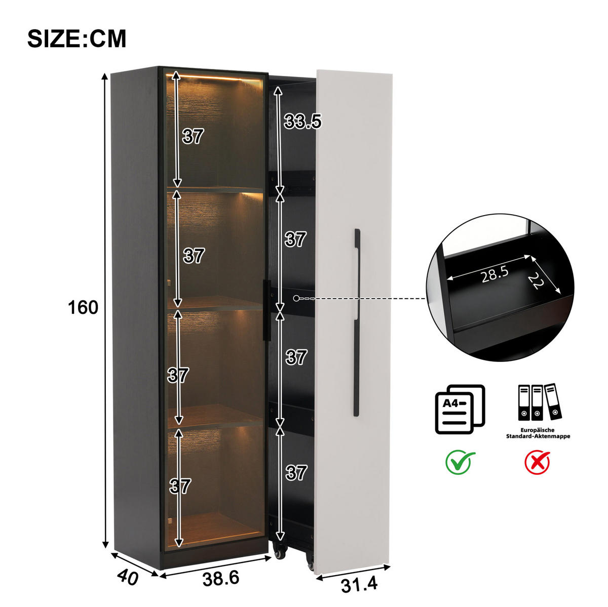 VITRÍNA z MDF 70x40x160 cm černo-bílá s LED osvětlením, bočním výsuvem a skleněnou přední částí - černá, kompozitní dřevo (70/160/40cm) - Modfu