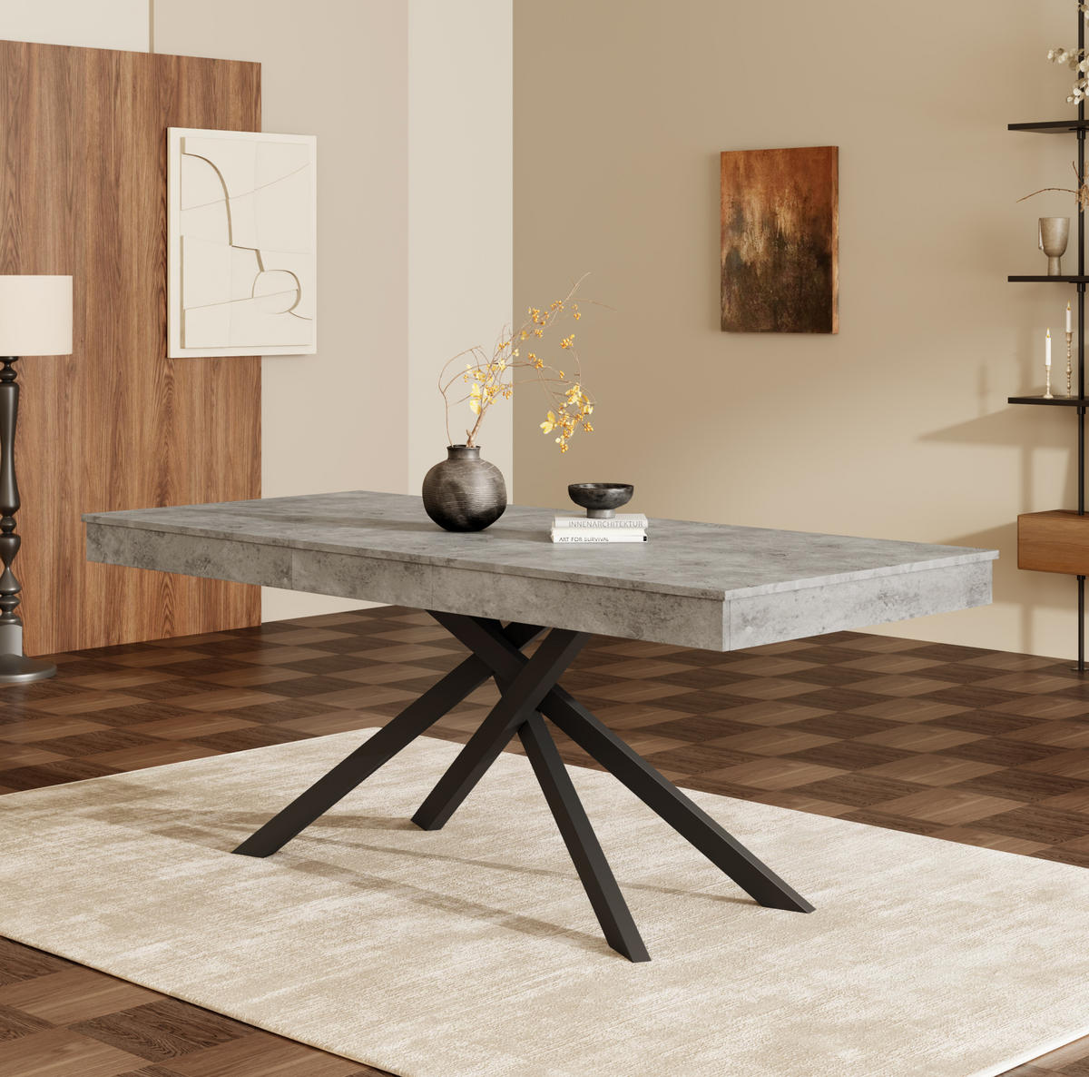 AUSZIEHBARER Esstisch aus MDF 140/180x80 cm Grau mit dicker Tischplatte und stabilem Kreuzbeingestell - Grau, Holzwerkstoff (180/80/76cm) - Modfu