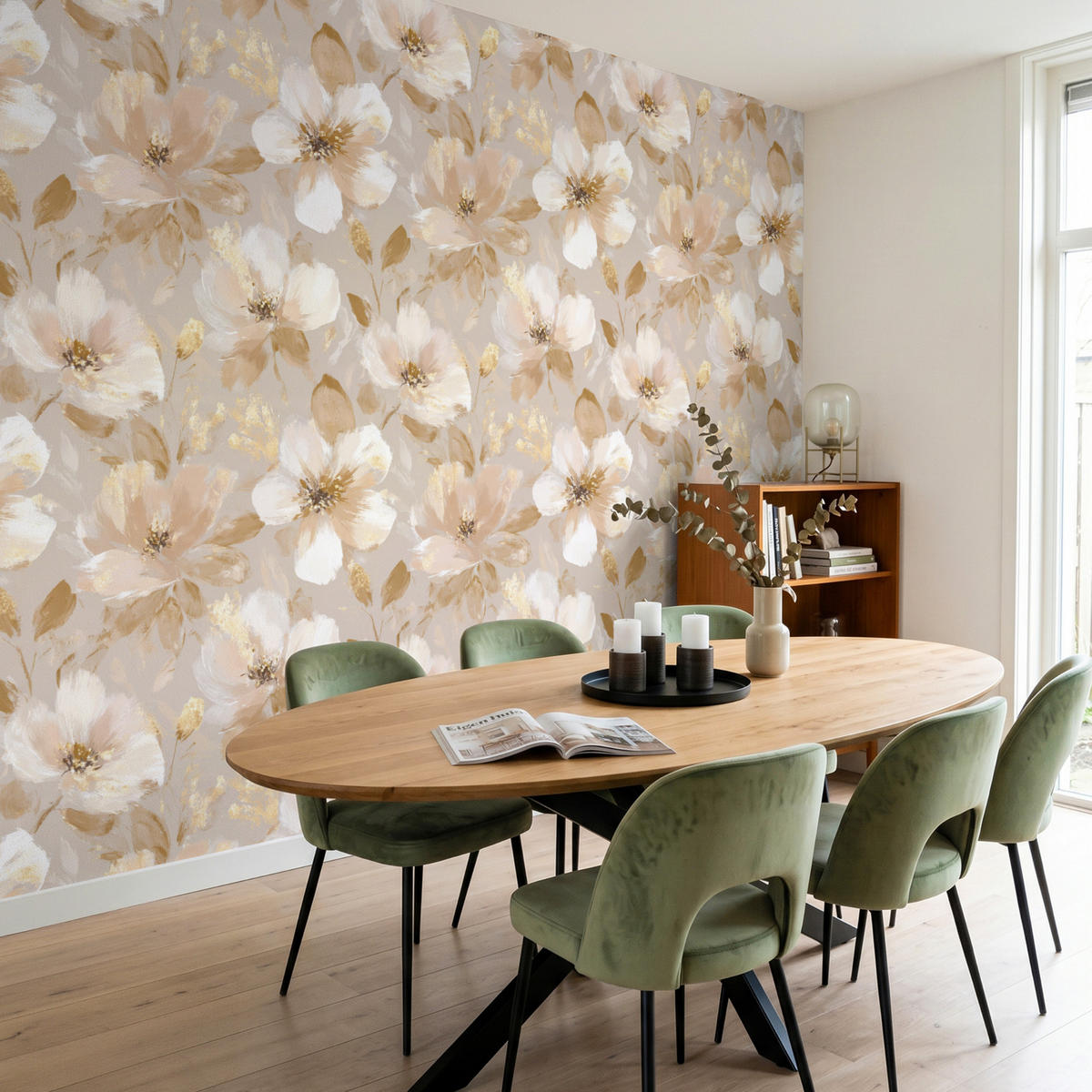 TAPETE - Blumen - künstlerisch - Gold - 280x240 cm - Beige, Papier (280/240cm) - OnlyWow