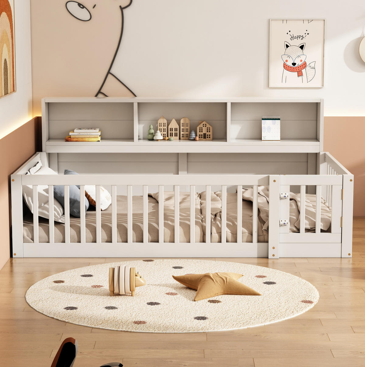 KINDEREINZELBETTEN aus Kiefernholz und MDF 90x200 cm in Weiß mit Stauraum & Lattenrost - Weiß, Holz (90/200cm) - Modfu