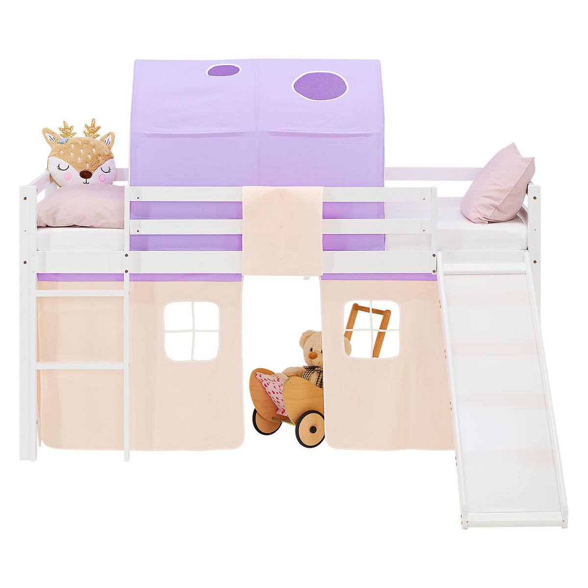 HOCHBETT 90/200 cm in weiß Rutsche Bettvorhang Tunnel peach - Lila/Weiß, Holz/Textil (90/200cm) - Homestyle4u