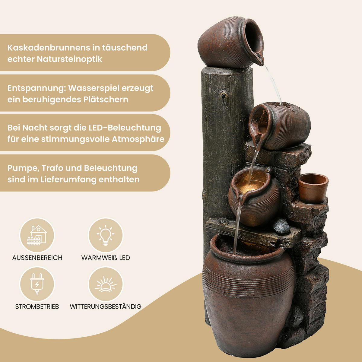 GARTENBRUNNEN, LED-Beleuchtung, Kunststein, Wasserspiel, Braun - Braun, Naturmaterialien (42/38/99cm) - FLIEKS