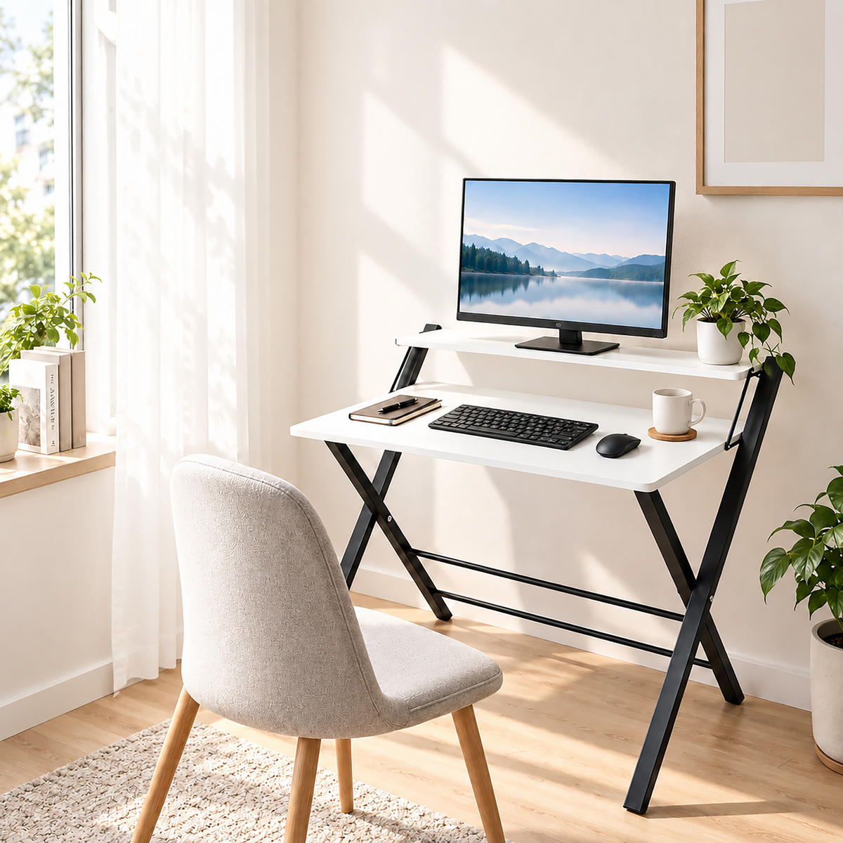 SCHREIBTISCH Schwarz klappbar mit Monitoraufsatz 70x56 cm - Schwarz, Holzwerkstoff/Metall (56/70/82cm) - Relaxdays