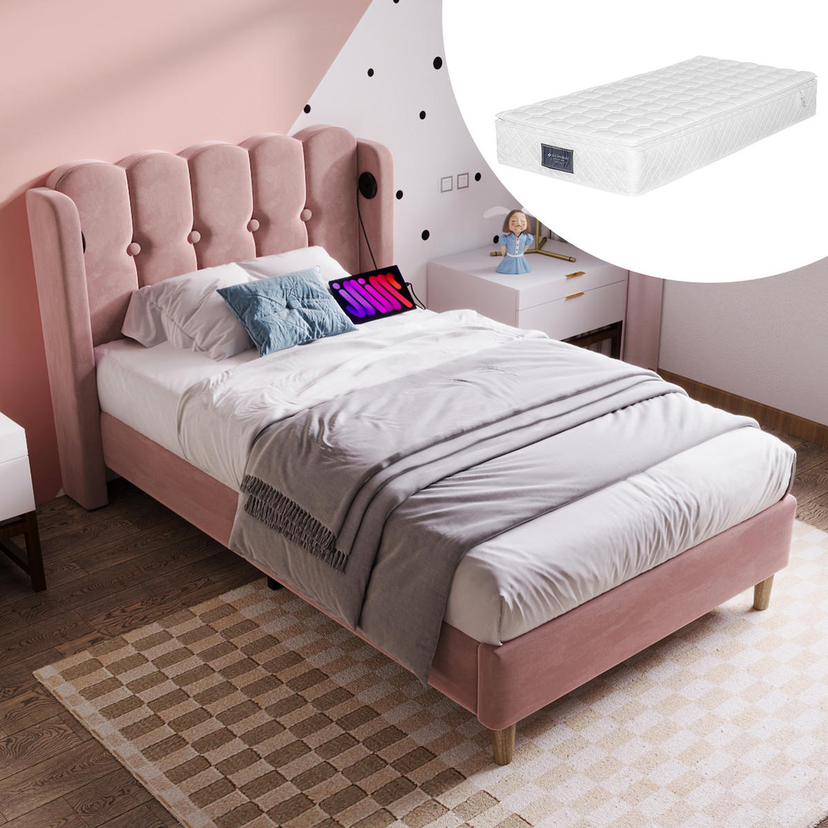 POLSTERBETT 90×200 cm aus Samt-Stoff mit USB-Anschluss und Matratze, rosa - Rosa, Textil (90/200cm) - Luhomfu