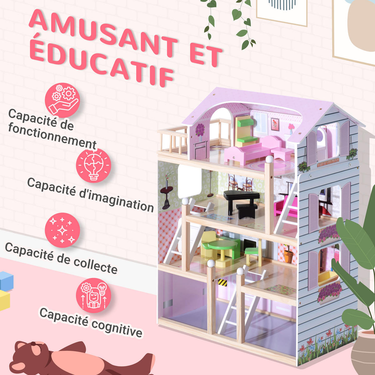 PUPPENHAUS DE-18719 4 Etagen mit 13 Accessoires & Balkon Weiß und Rosa - Pink, Holzwerkstoff (30/80/60cm) - ComfortXL