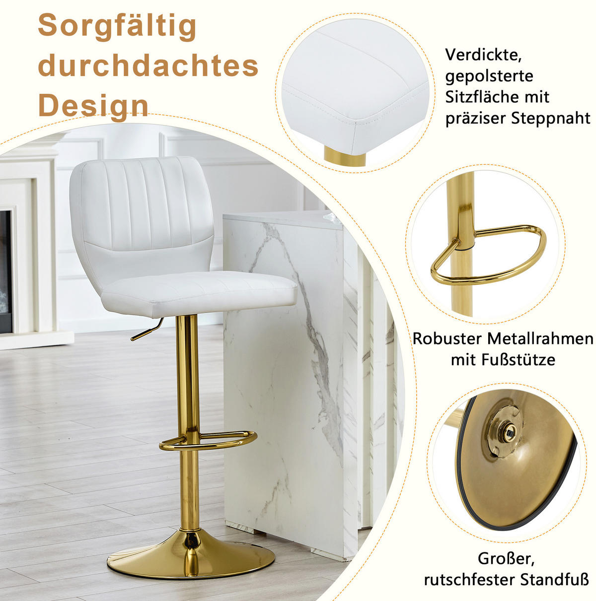 BARHOCKER höhenverstellbar 62-83 cm Weiß-Gold - Weiß, Metall (45/114/52cm) - Meubliv