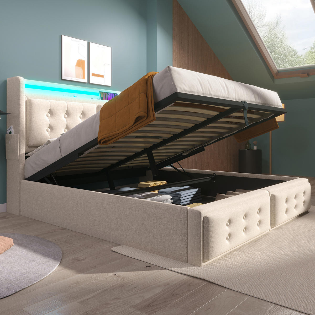 POLSTERBETT 140/200 cm Beige mit Bettkasten, LED und USB- und Type-C-Anschlüssen - Beige, Textil (140/200cm) - Flora Grace