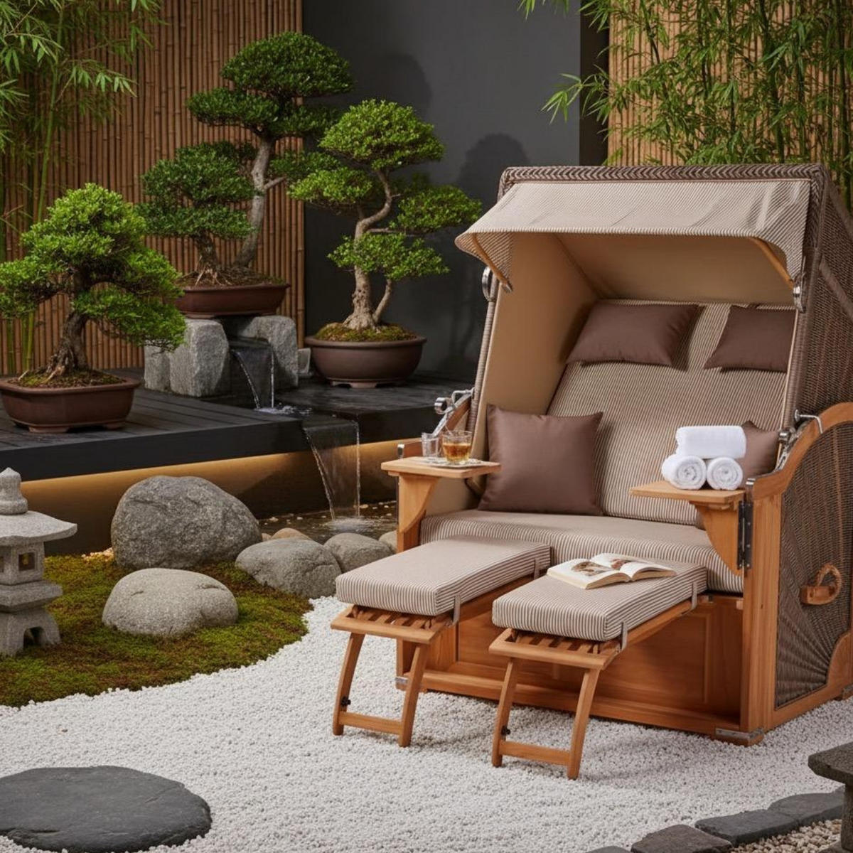 STRANDKORB SEEBLICK 2 Sitzer Teak - Beige/Braun, Metall (125/170/80cm) - Mr. Deko