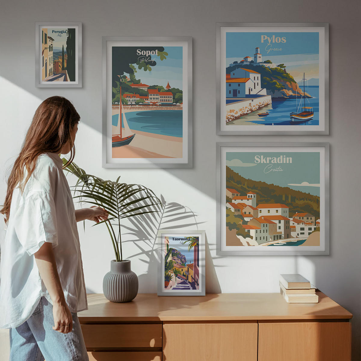 BILDER SET 5er Set - 50x50 cm & 20x30 cm & 40x60 cm Silberner Rahmen - Retro-Landschaften im malerischen Stil - Silberfarben, Kunststoff (40/60cm) - TULUP