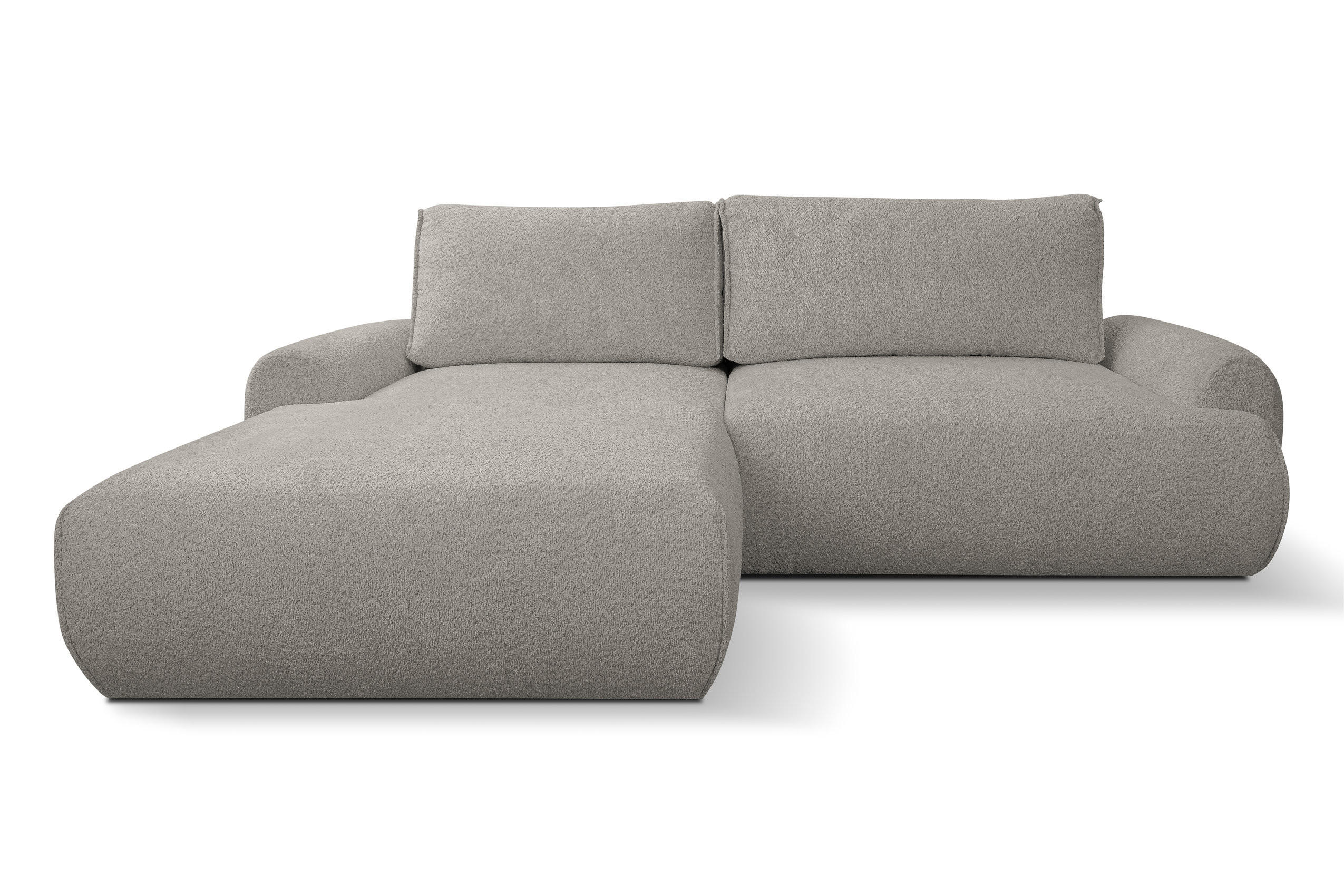 ECKSOFA Moon in L-Form mit Schlaffunktion und Bettkasten, Farbe: Grau, Bouclé-Stoff, Ottomane Links - Grau, Textil (136/260cm) - VENASI MÖBEL