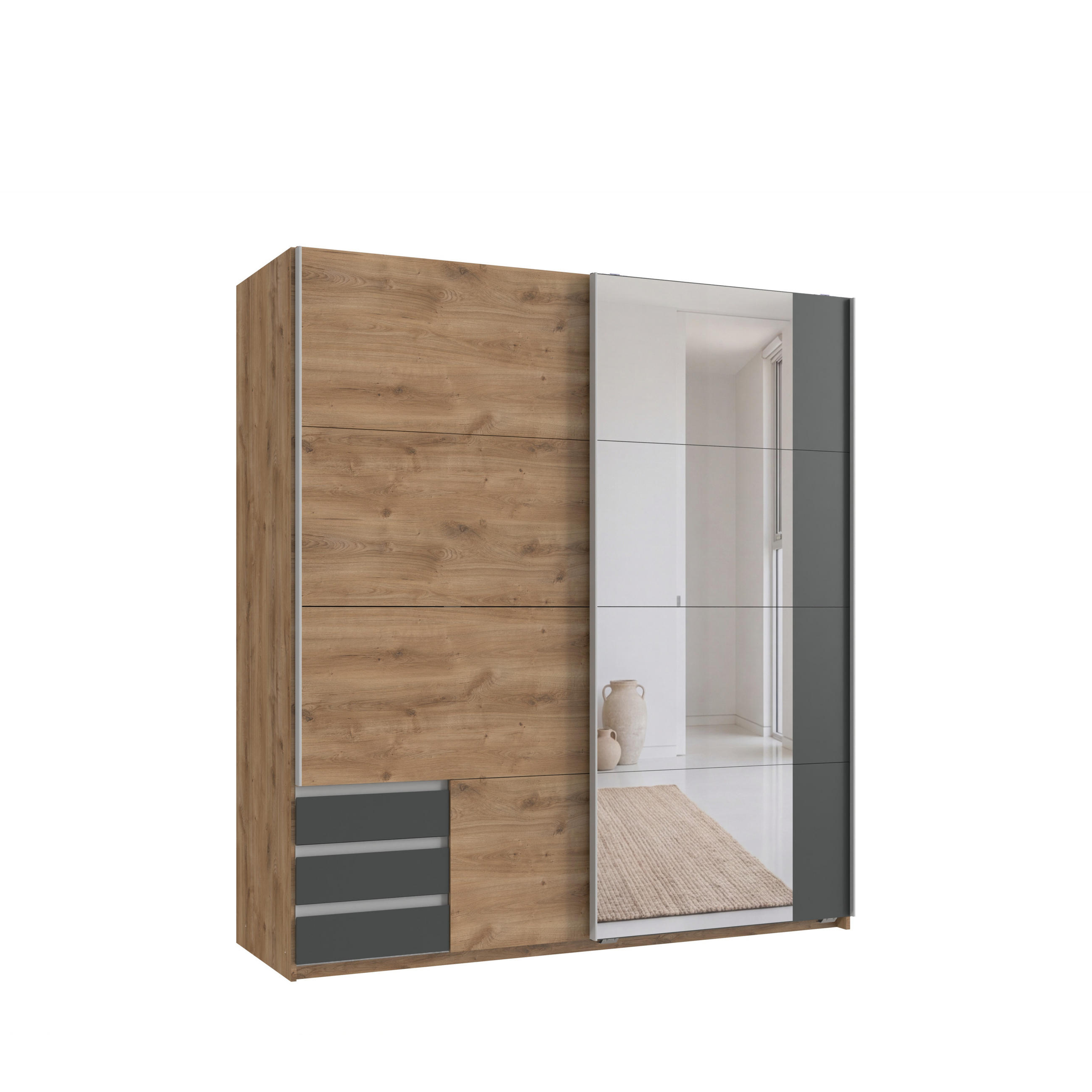 SCHWEBETÜRENSCHRANK 2-türig B179/H198/T65 cm, Kleiderschrank in Eiche Dekor mit Spiegel, 1x Tür & sichtbare Schubkästen in Grafit / 22706 - Eichefarben/Graphitfarben, Holz/Holzwerkstoff (179/198/65cm) - luma-home