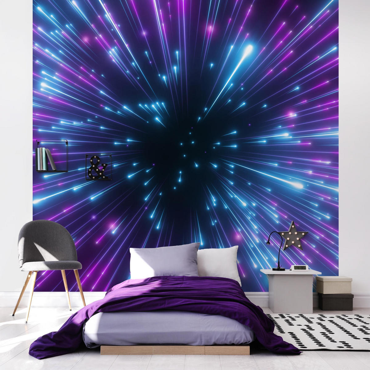 FOTOTAPETE Neon Feuerwerk 192/192 cm - Violett, Papier (192/192cm) - Bilderwelten