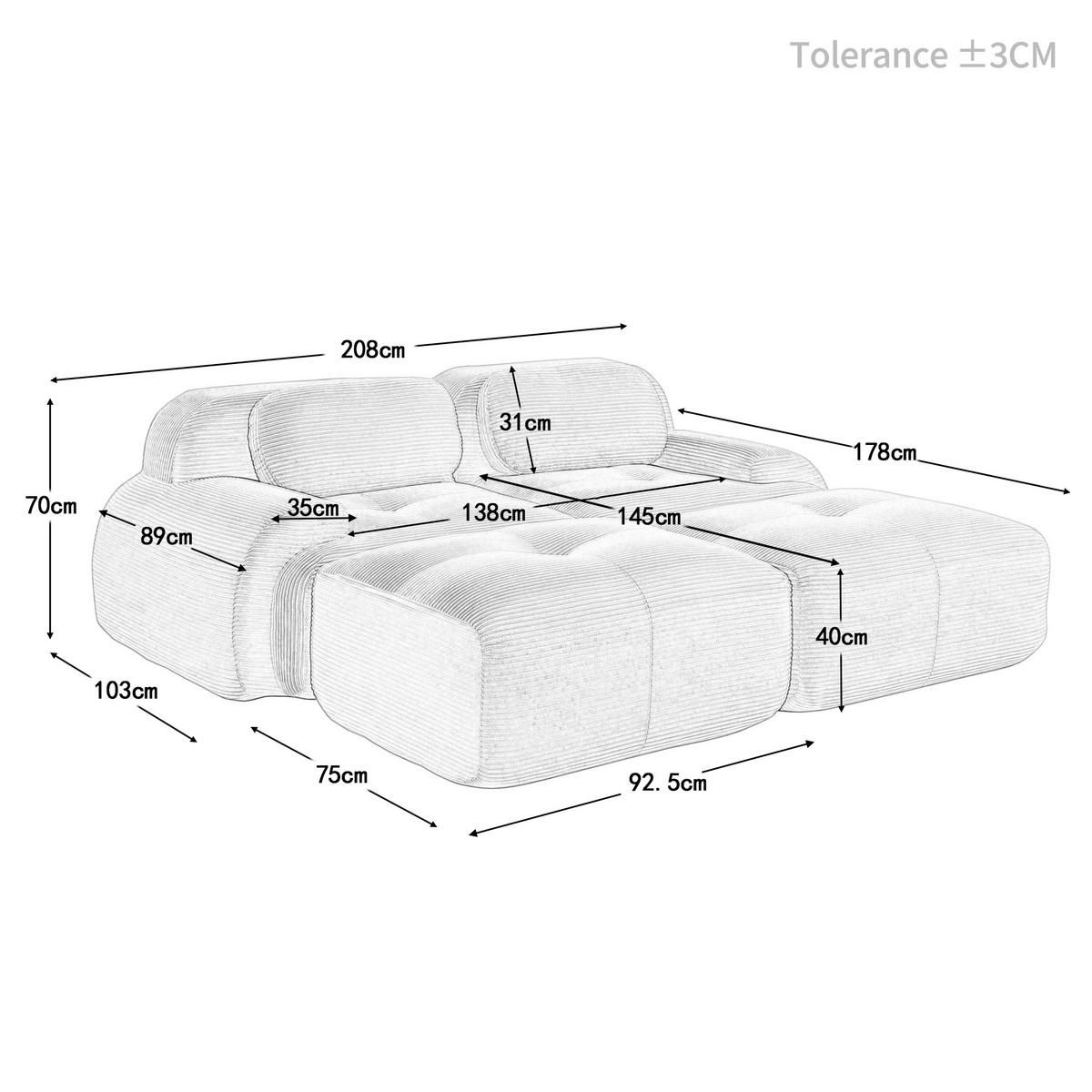 2-SITZER-SOFA aus Cord Grün modular, rahmenlos mit ergonomischen Armlehnen und rutschfester Unterseite - Grün, Textil (208/75/178cm) - Modfu