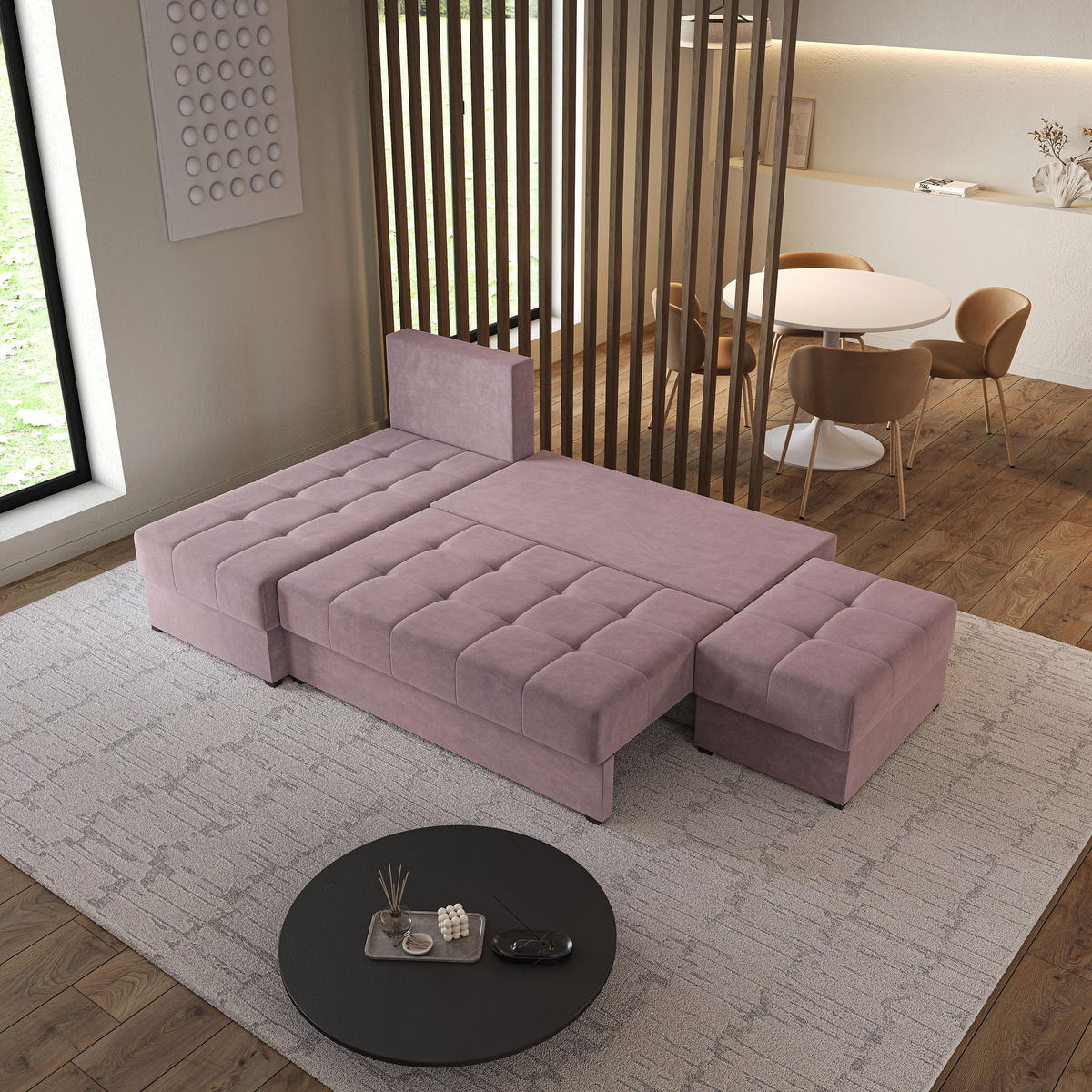 ECKSOFA NORVI Rosa Plüsch-Stoff mit Schlaffunktion - Rosa, Holz (251/143cm) - MASSENO