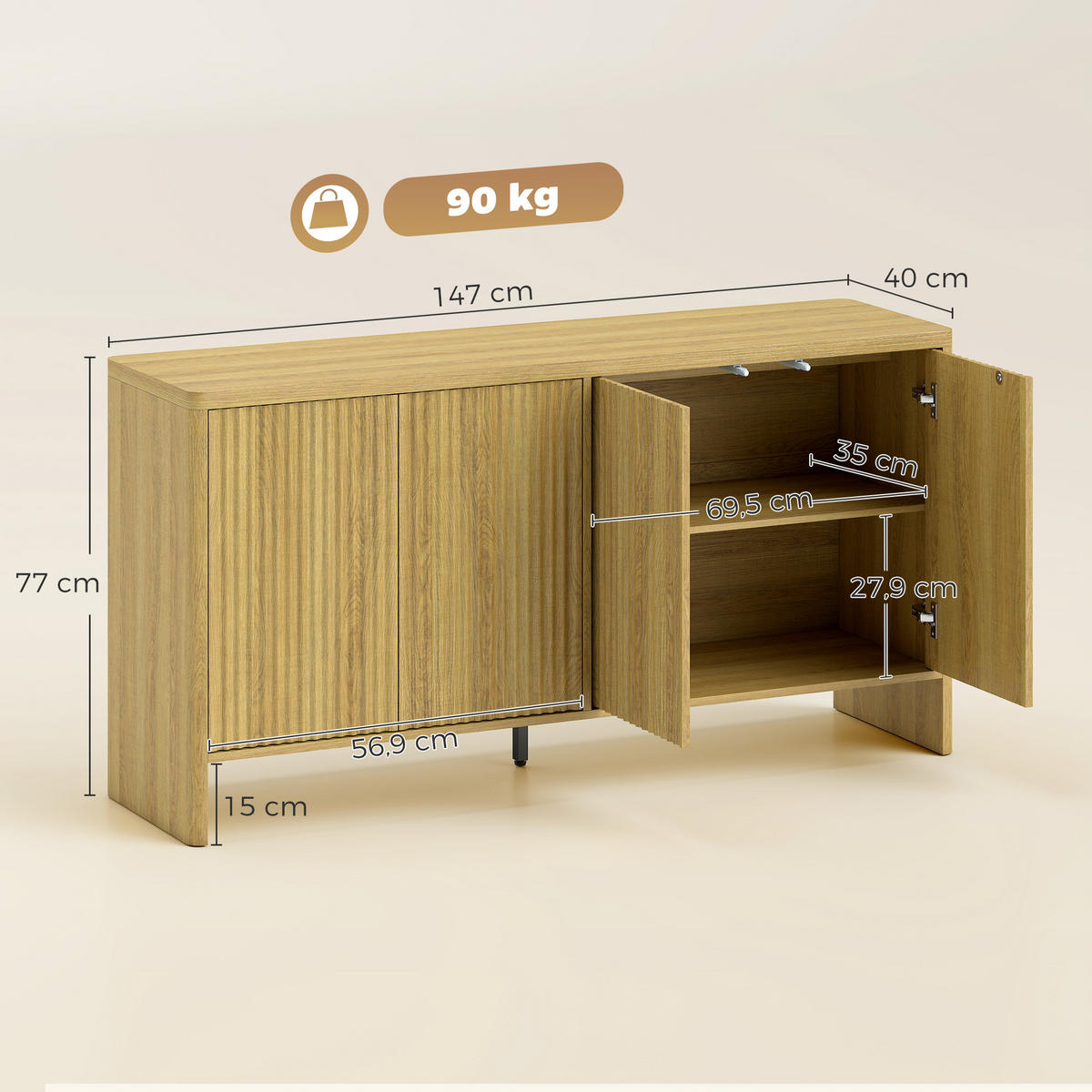SIDEBOARD Eiche-Nachbildung, 4 Türen, 147/40/77 cm - Eichefarben, Holz (147/77/40cm) - PANGIVO