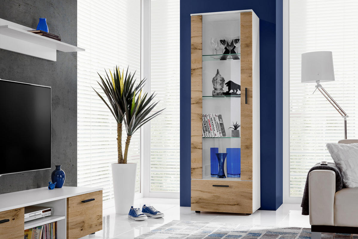 VITRINE ALESSANDRIA, Wotan - Eiche Wotan/Schwarz, Glas/Holzwerkstoff (60/192/42cm) - Komodee