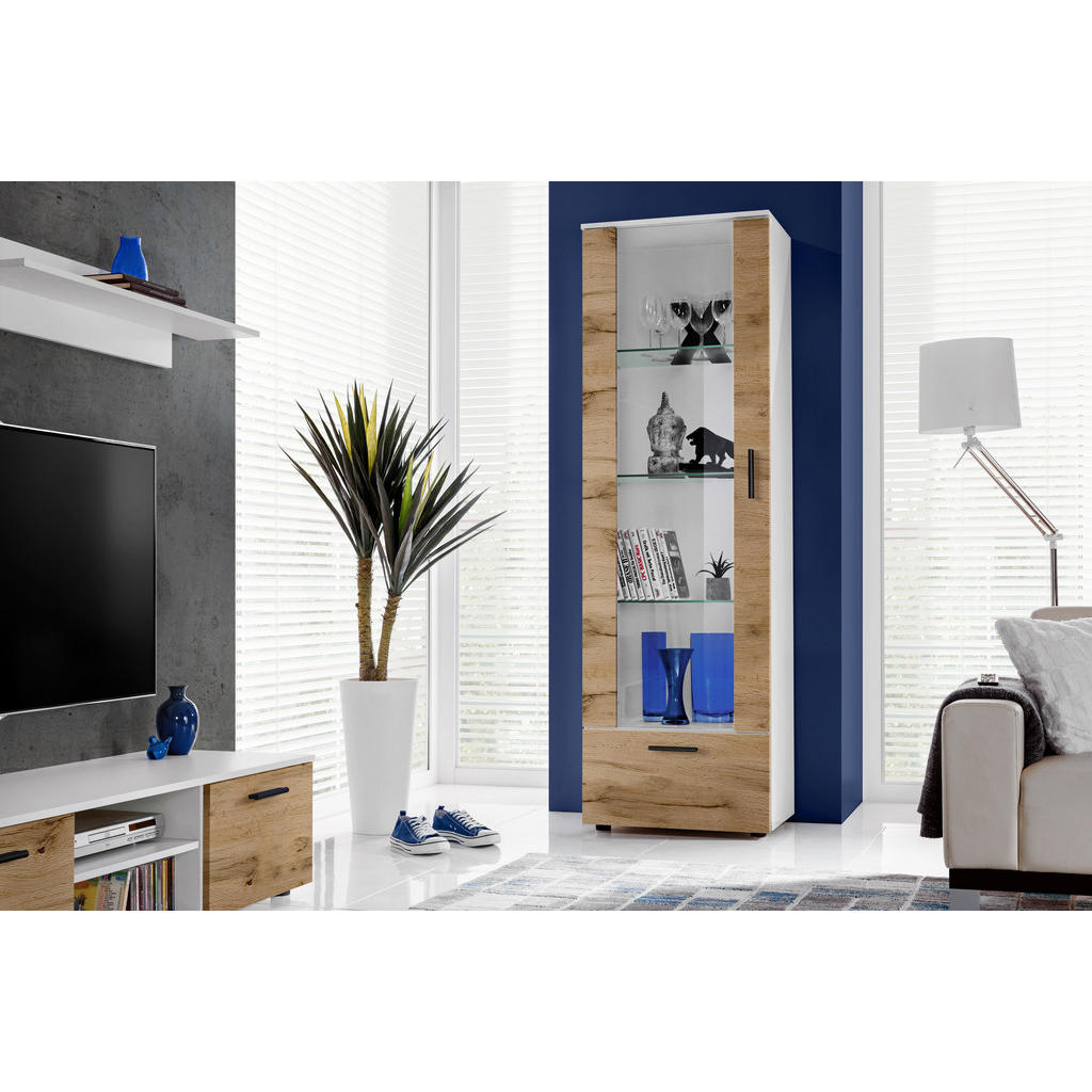 Thumbnail - Komodee Vitrine, Weiß, Eiche Wotan, Glas, Holz Optik, 3 Fächer, Rechteckig, 60x192x42 cm, Wohnzimmer, Wohnwände, Vitrine...