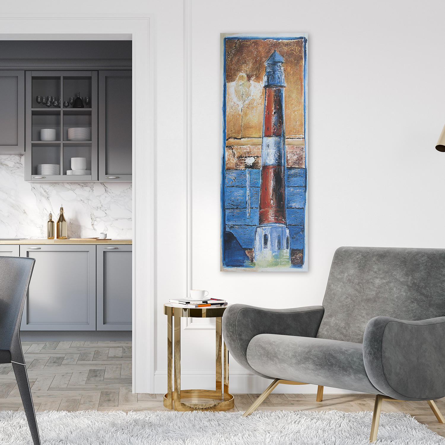 WANDBILD gemalter leuchtturm - Blau, Textil (30/90cm) - Feeby