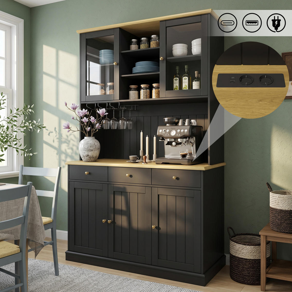 BUFFETSCHRANK 120x40x191 cm, Glastüren, Gläserhalter, 2 Steckdosen, USB-A/USB-C-Anschlüsse, Schwarz - Schwarz, Holzwerkstoff (120/191/40cm) - FOHERE